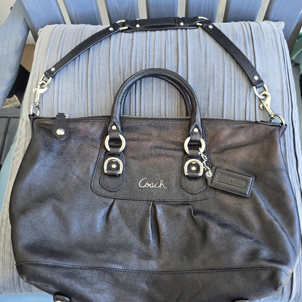 Coach Y2K June 1998 Great Condition Black Leather Tote Bag Purple Silk Inerior - Picture 3 of 17